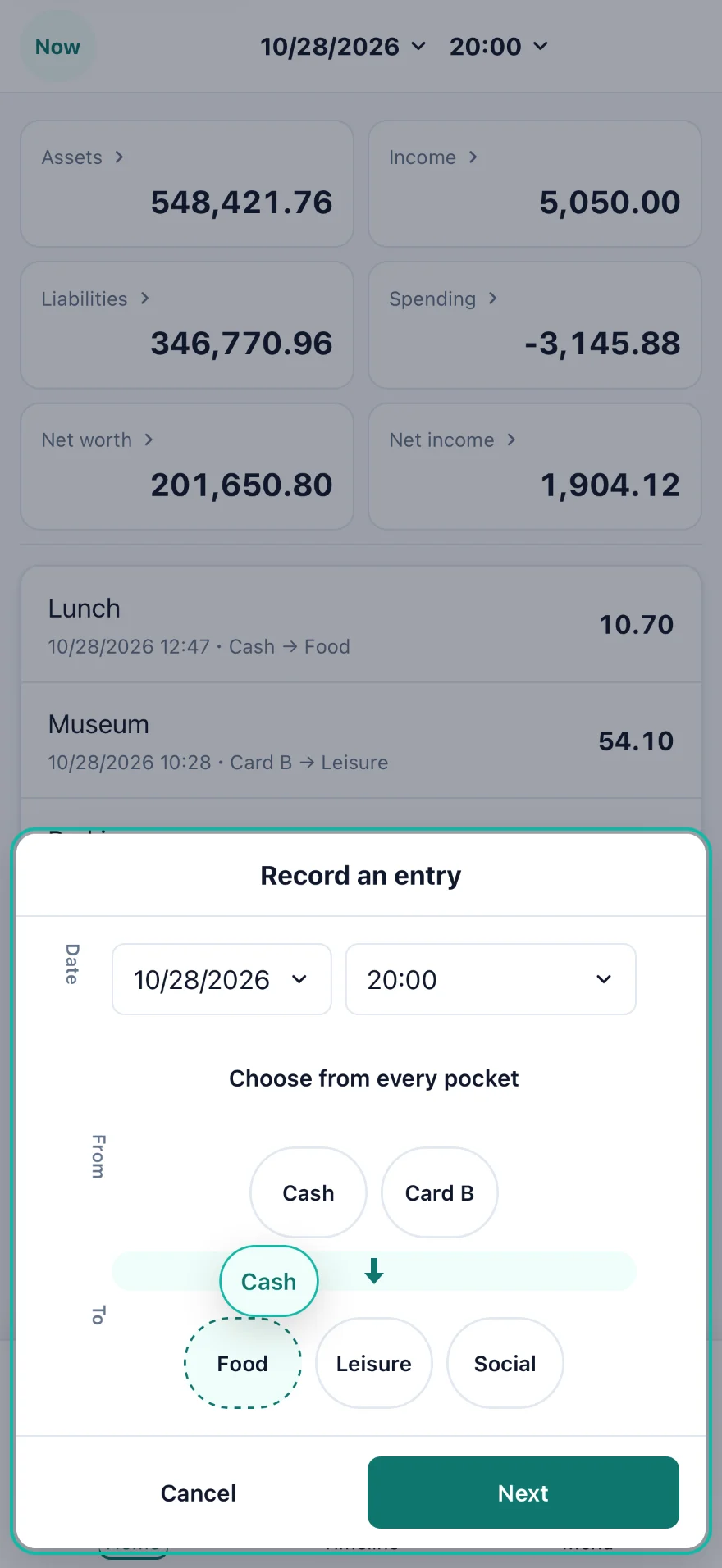 Record an entry sheet opened from Home, dragging Cash onto Food