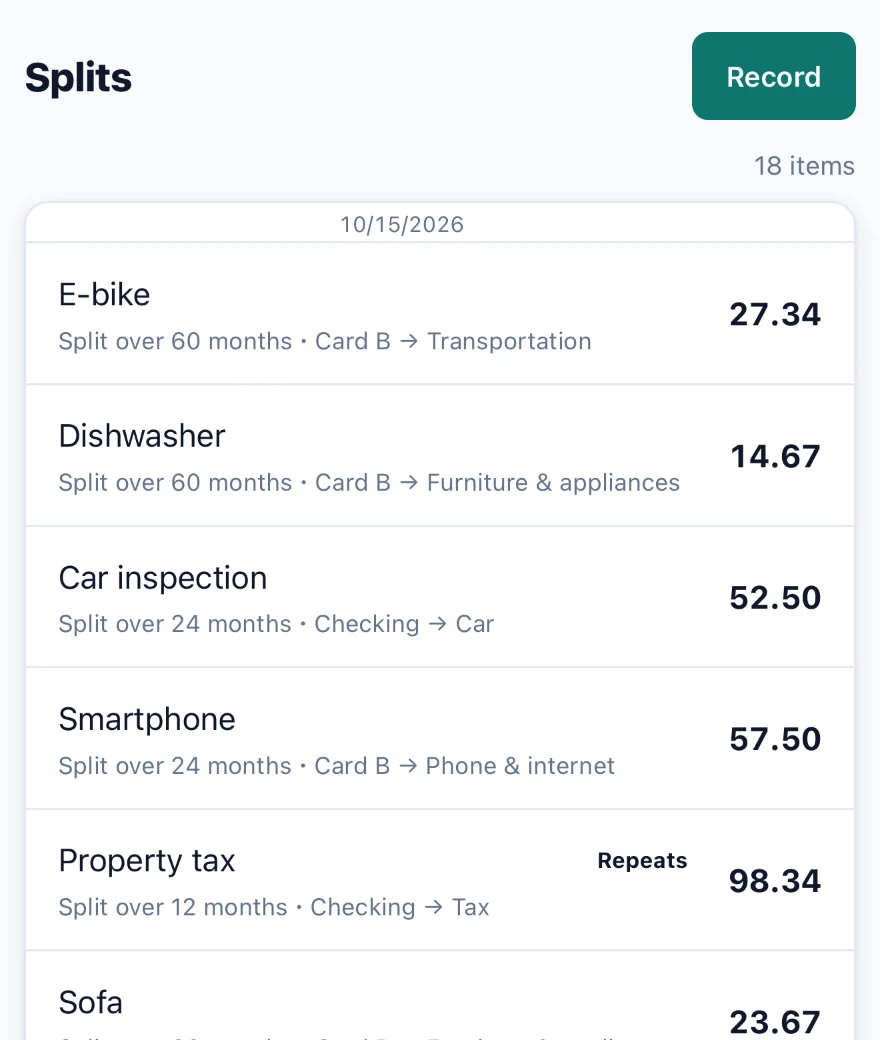 Splits list with an e-bike, a dishwasher, a car inspection and property tax spread across months
